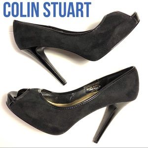 COLIN STUART peep toe black heels faux suede 7